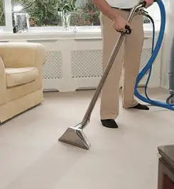 Professional carpet cleaner using a hot-water extraction wand and hose machine in a living room in Ann Arbor, MI.