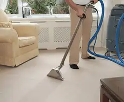 Carpet cleaning professional removing dirt and stains with a hot-water extraction tool in a home, Ann Arbor, MI.