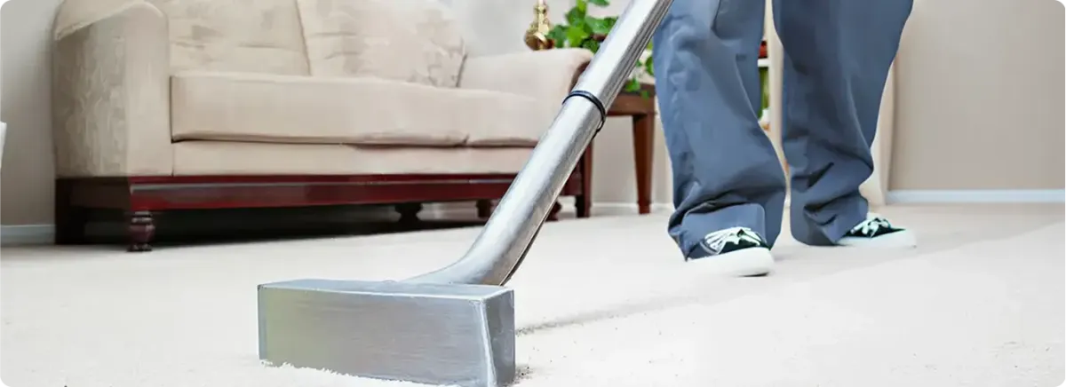 Carpet cleaning technician using a hot-water extraction wand on a light-colored carpet in a living room, Ann Arbor, MI.