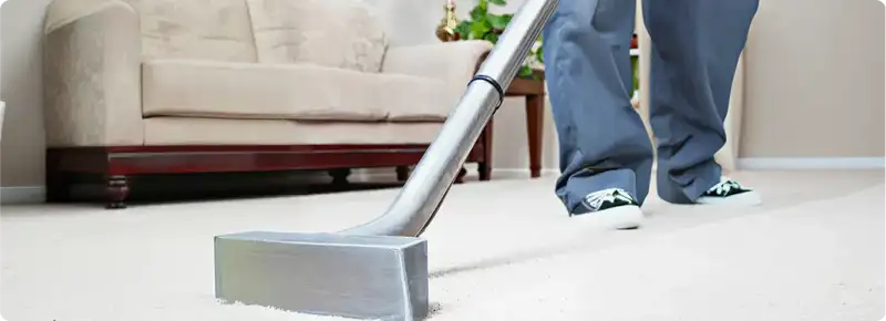 Carpet cleaning technician using a hot-water extraction wand on a light-colored carpet in a living room, Ann Arbor, MI.